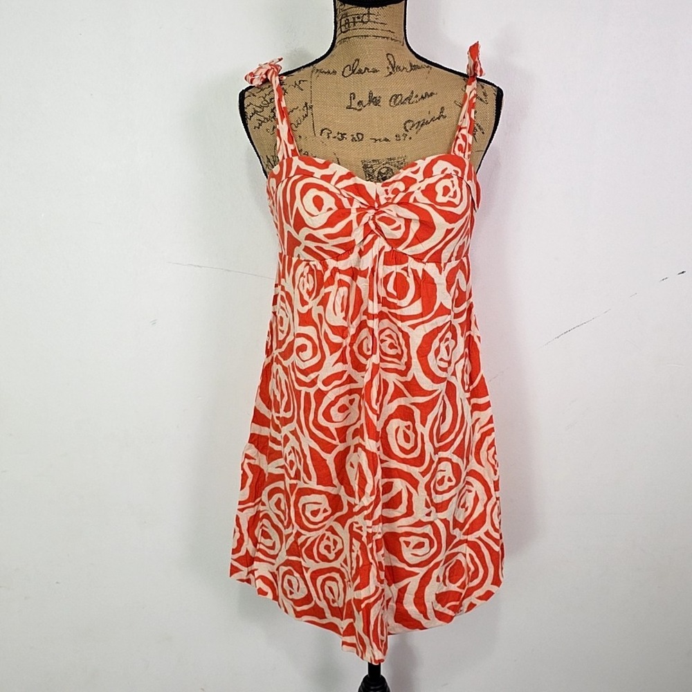 Y2k Forever 21 Mini Dress Womens L Orange White Swirl Rose Tie Strap Sweetheart
